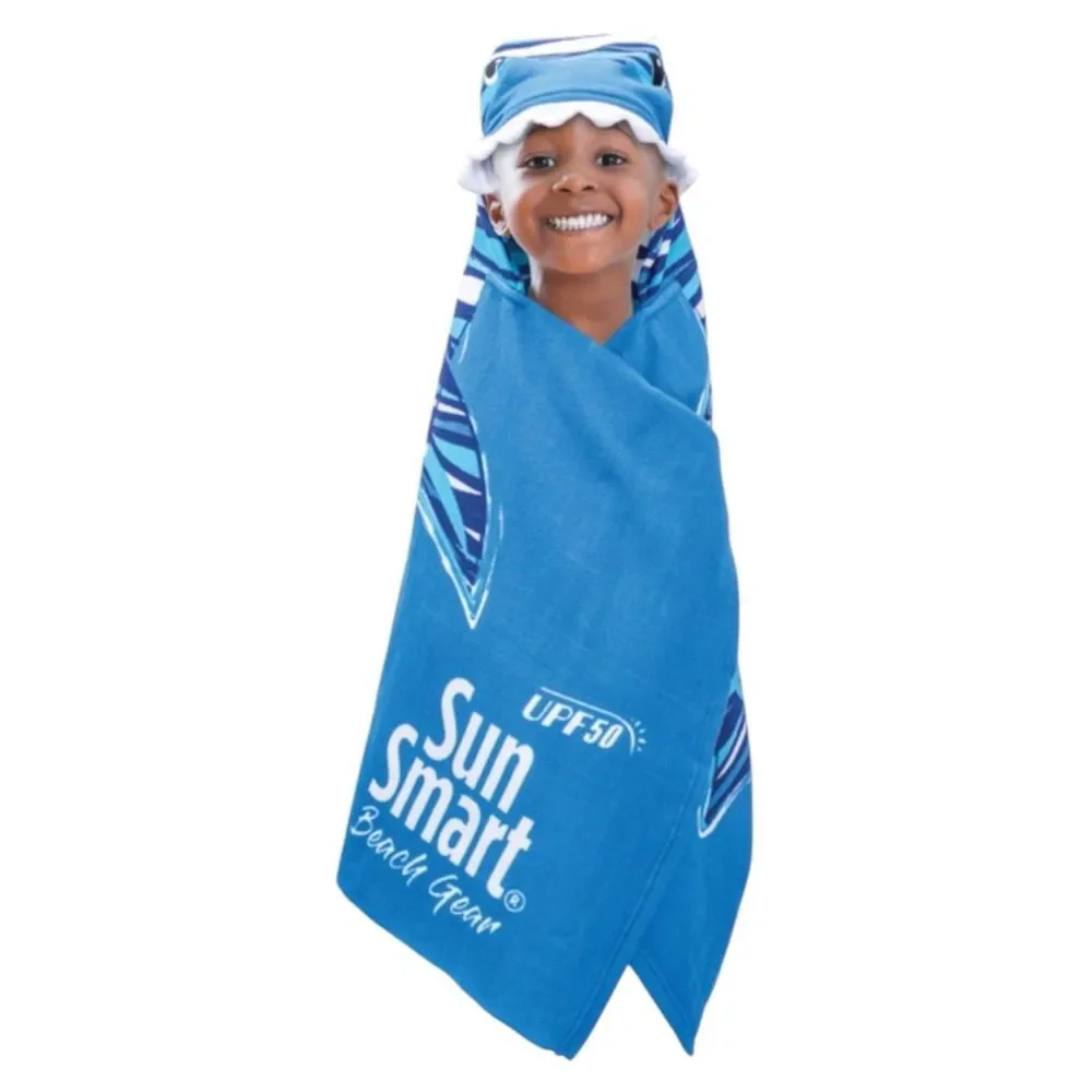 Sun Smart Shark Beach Gear Blue Shark Hooded Beach Towel UPF 50 Protection